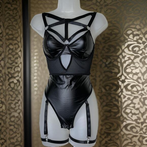 New Large Strappy Goth Vegan Leather Dress Outfit Bodysuit Mesh Skirt Set Sexy - Picture 6 of 9